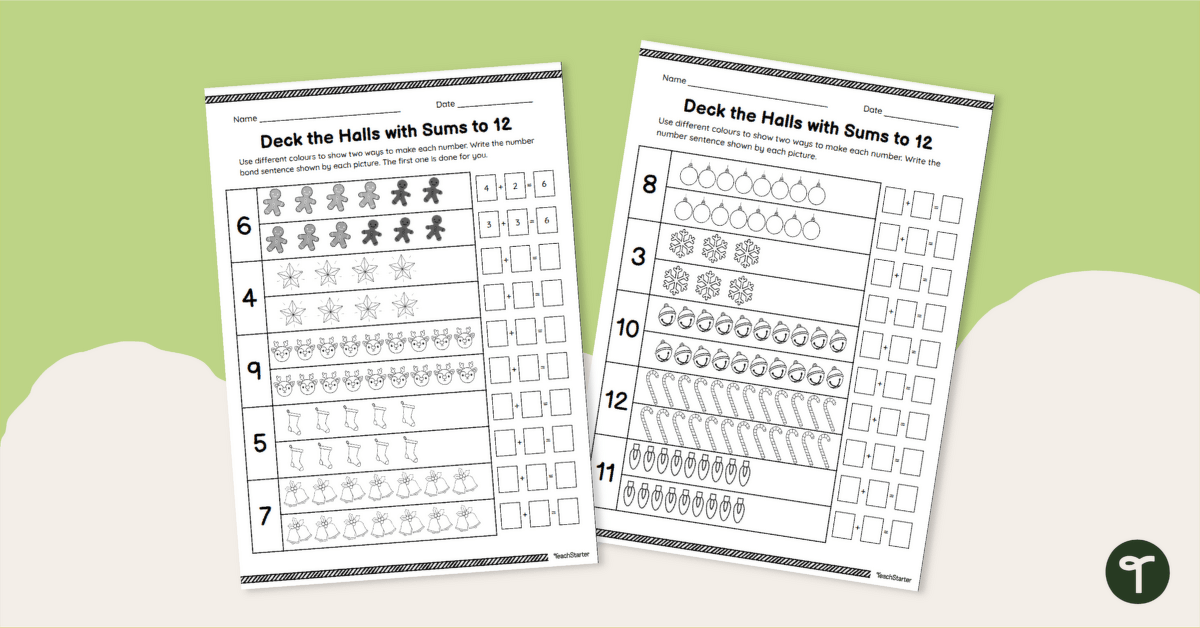 Christmas Maths Worksheets - Sums to 12 Activity teaching resource