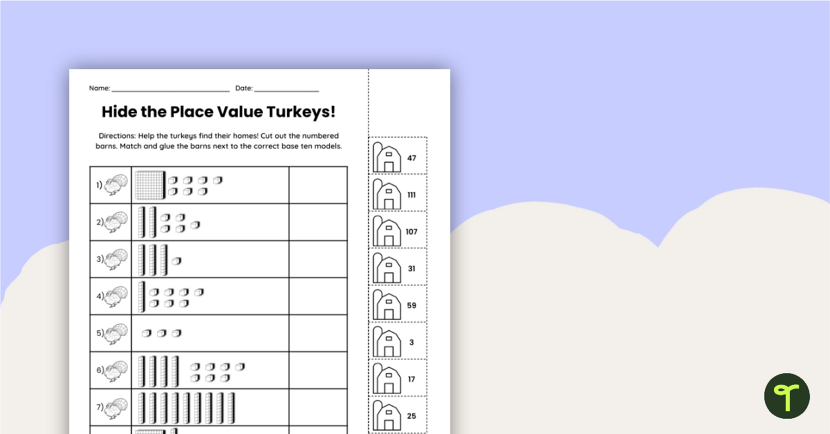 Thanksgiving Turkey Hide! - Place Value Worksheet teaching resource