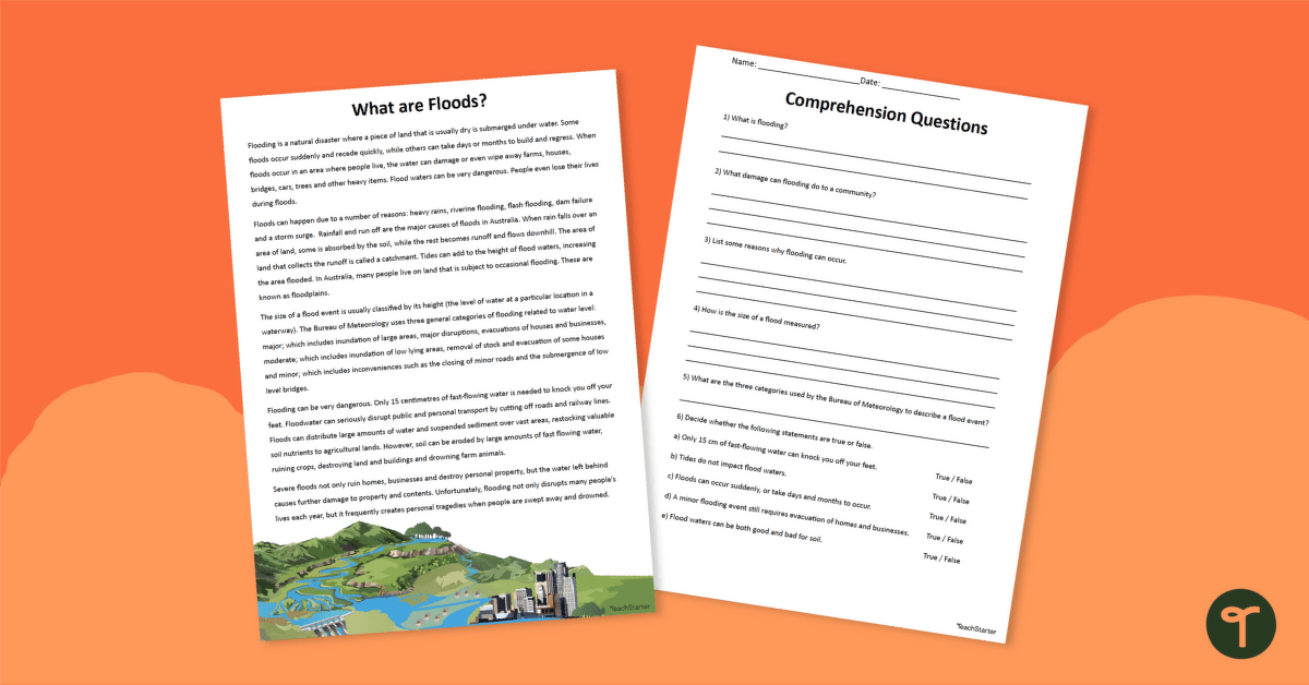 What Are Floods? Comprehension Worksheet teaching resource