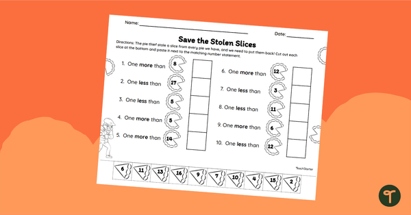 Go to One More, One Less - Thanksgiving Math Worksheet teaching resource