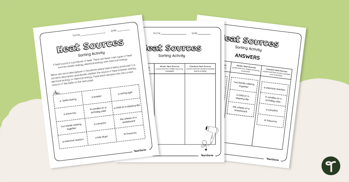 Heat Sources Cut-and-Paste Worksheet teaching resource