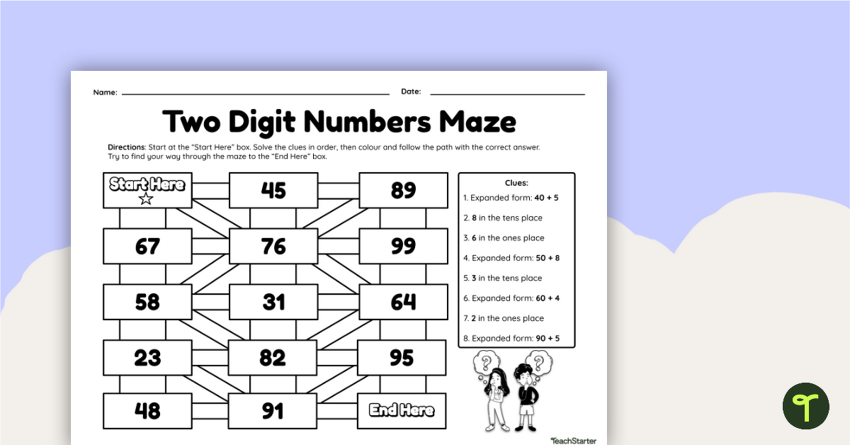 Two-Digit Numbers Maze Worksheet teaching resource