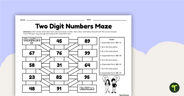 Go to Two-Digit Numbers Maze Worksheet teaching resource