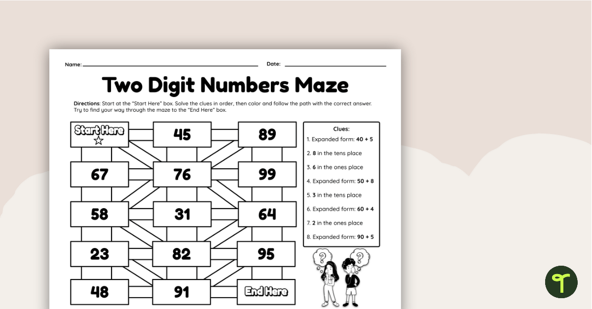 Two-Digit Numbers Maze Worksheet teaching resource