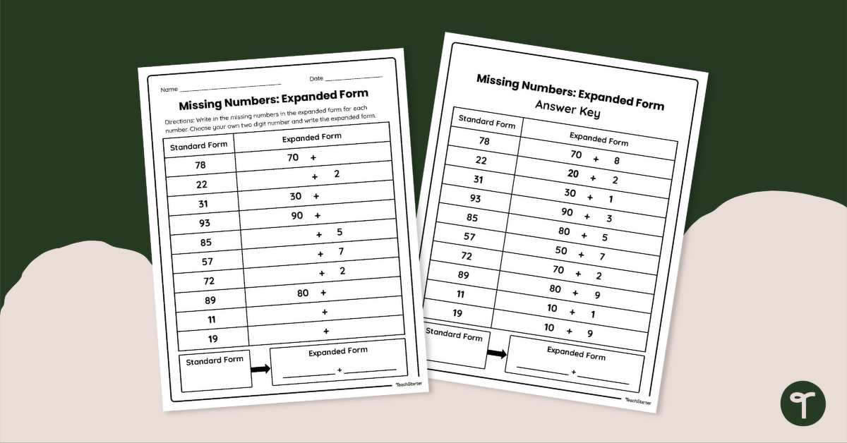 Missing Numbers in Expanded Form Worksheet teaching resource