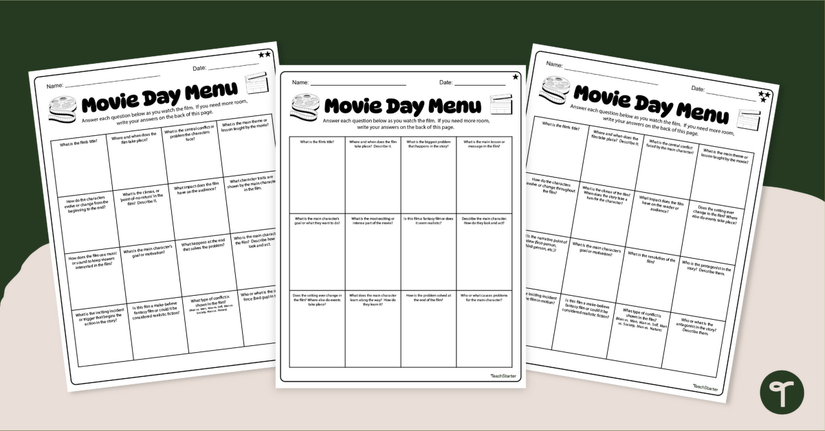 Movie Day Menu - Story Element Review Grid teaching resource