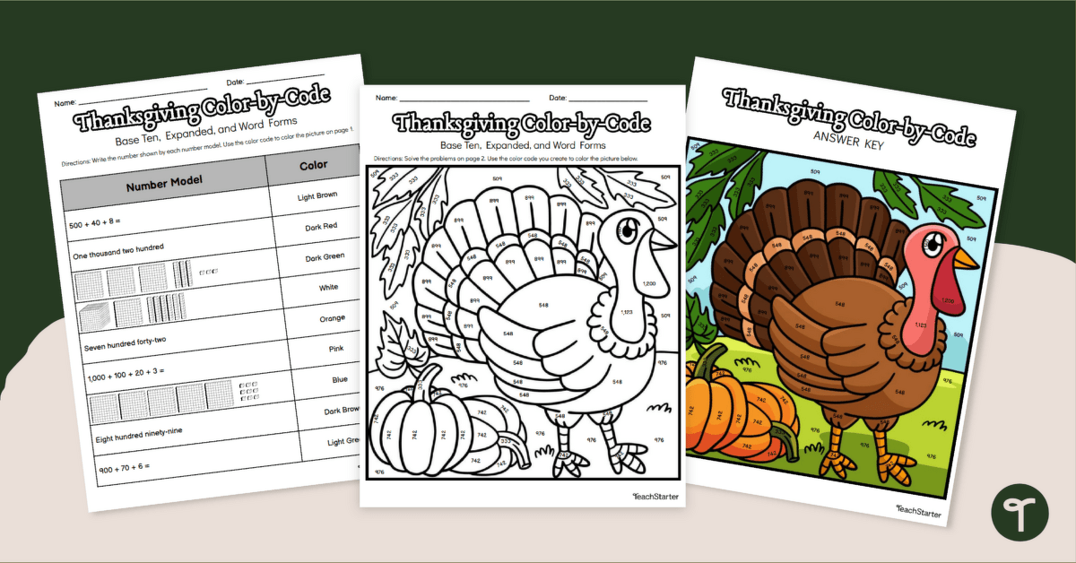 Thanksgiving Color By Number Worksheet - 2nd Grade Place Value teaching resource