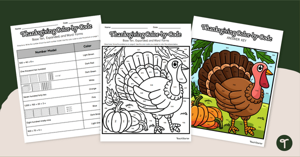 Go to Thanksgiving Color By Number Worksheet - 2nd Grade Place Value teaching resource