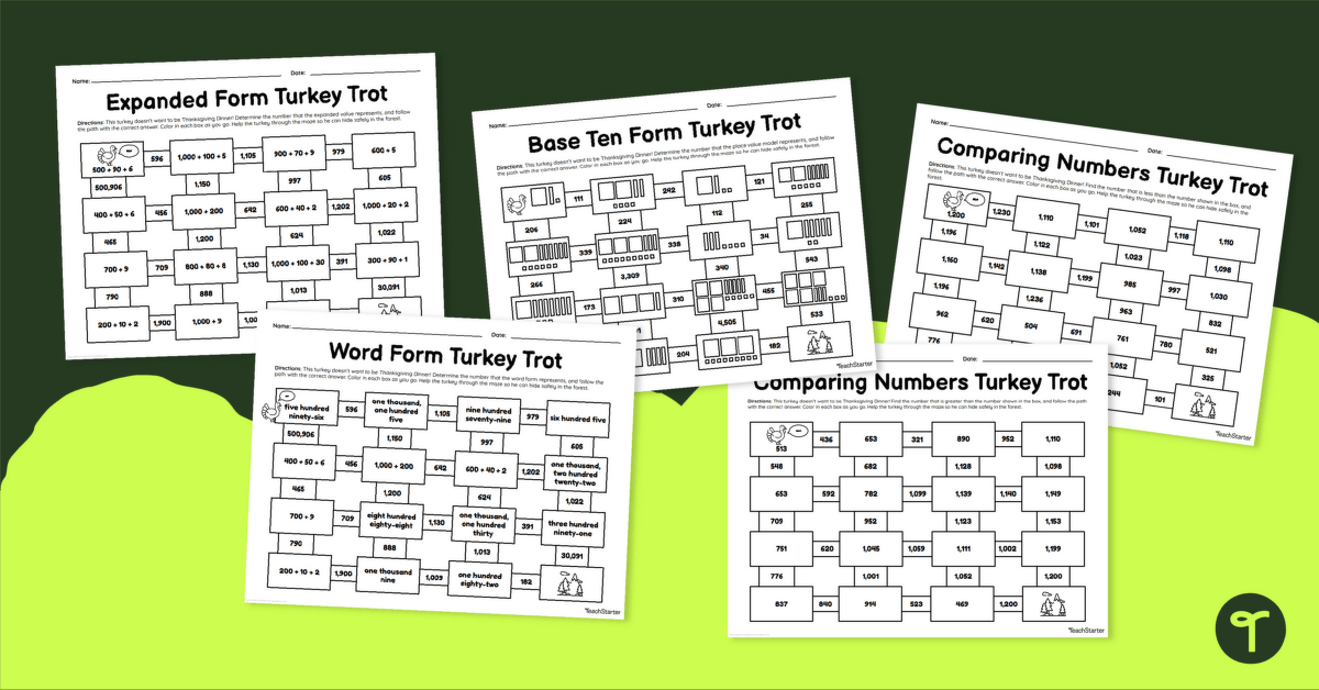 Place Value Worksheets for 2nd Grade - Thanksgiving Math Mazes teaching resource