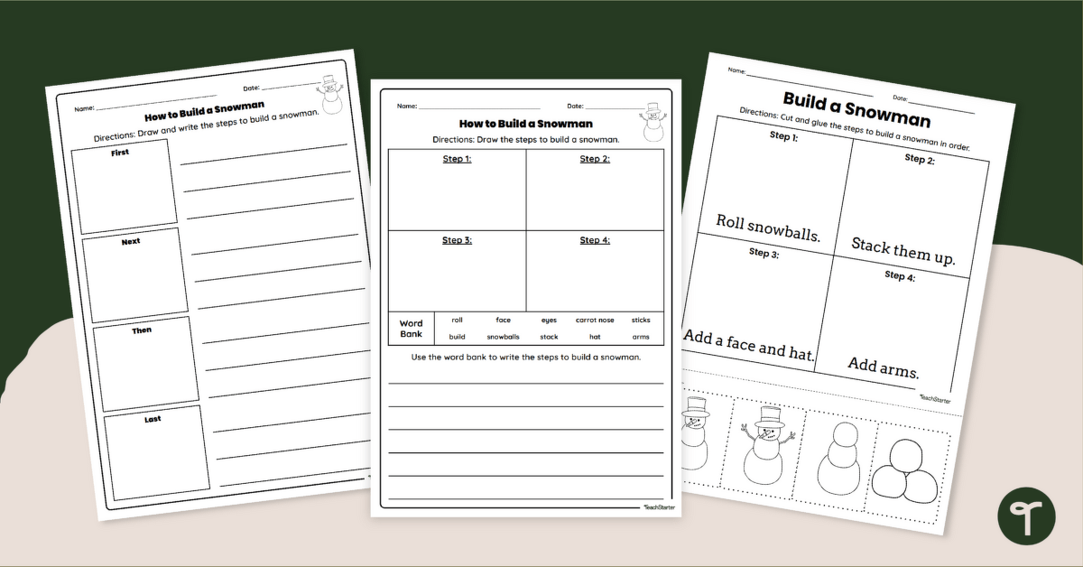 How to Build a Snowman - Procedural Writing Worksheets teaching resource