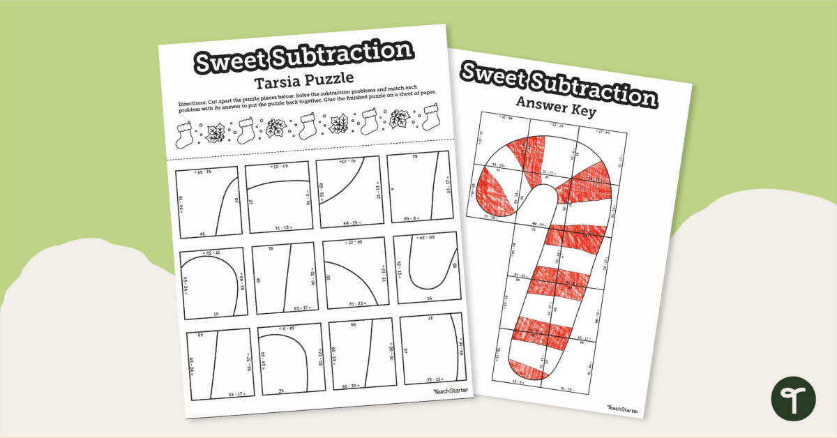 Candy Cane Activity - 2 Digit Subtraction Tarsia teaching resource