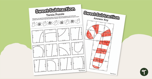 Go to Candy Cane Activity - Double Digit Subtraction Tarsia Puzzle teaching resource