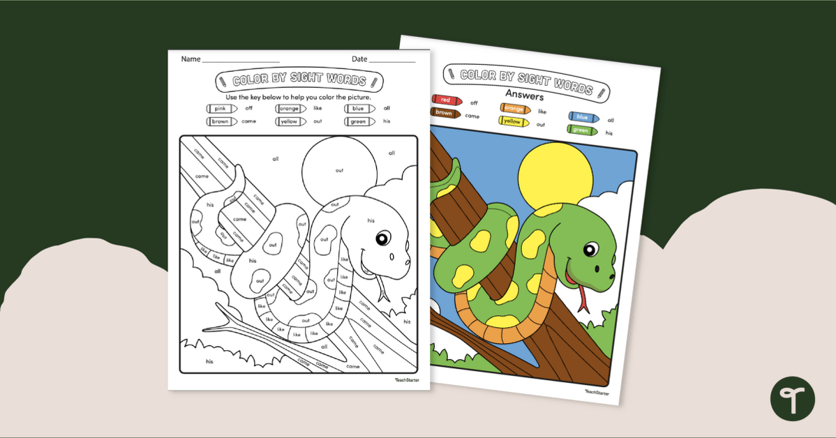Kindergarten Sight Word Worksheet - Color By Sight Word Snake teaching resource
