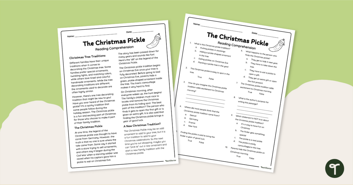 The Christmas Pickle Reading Comprehension Worksheet teaching resource
