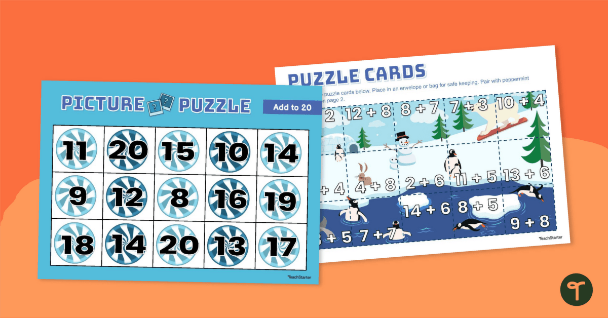 Addition to 20 Activity - Winter Math Puzzle for 1st Grade teaching resource