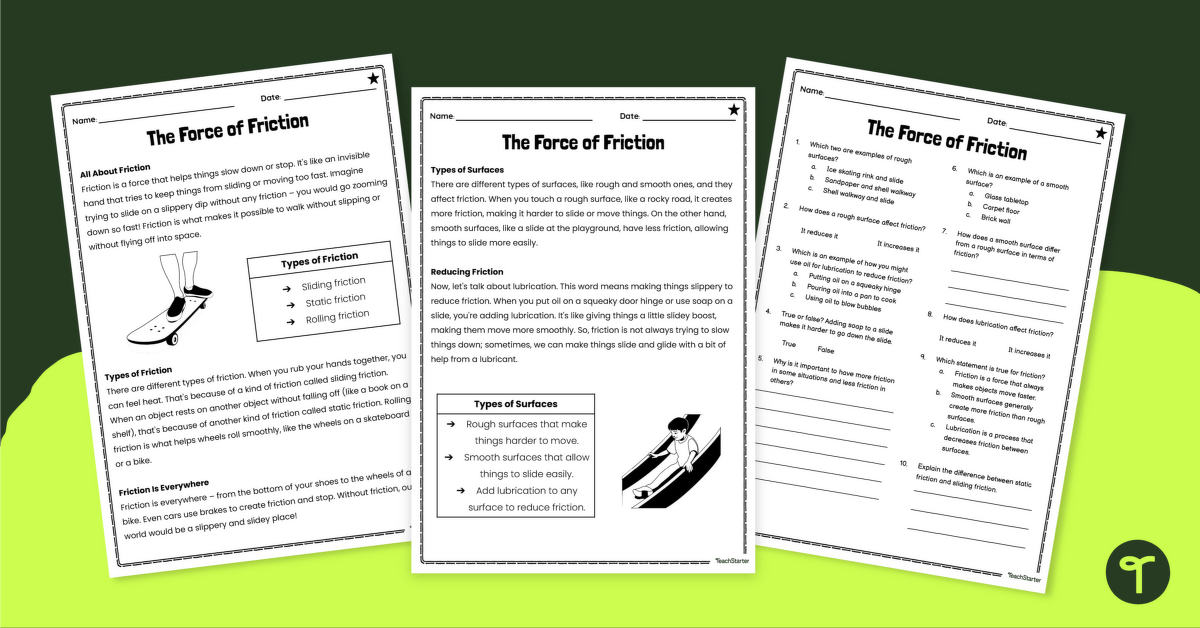 The Force of Friction Comprehension Worksheets teaching resource