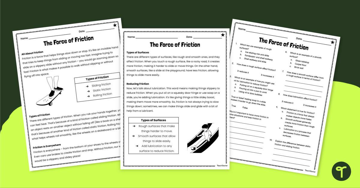 The Force of Friction Comprehension Worksheets teaching resource