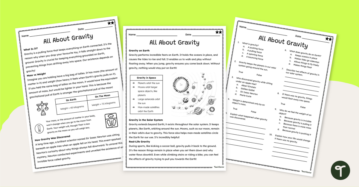 The Force of Gravity Comprehension Worksheets teaching resource
