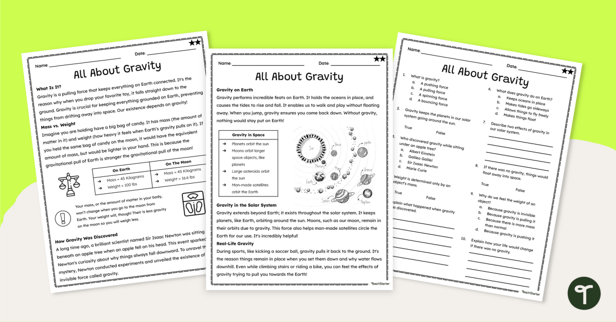 The Force of Gravity Comprehension Worksheets teaching resource
