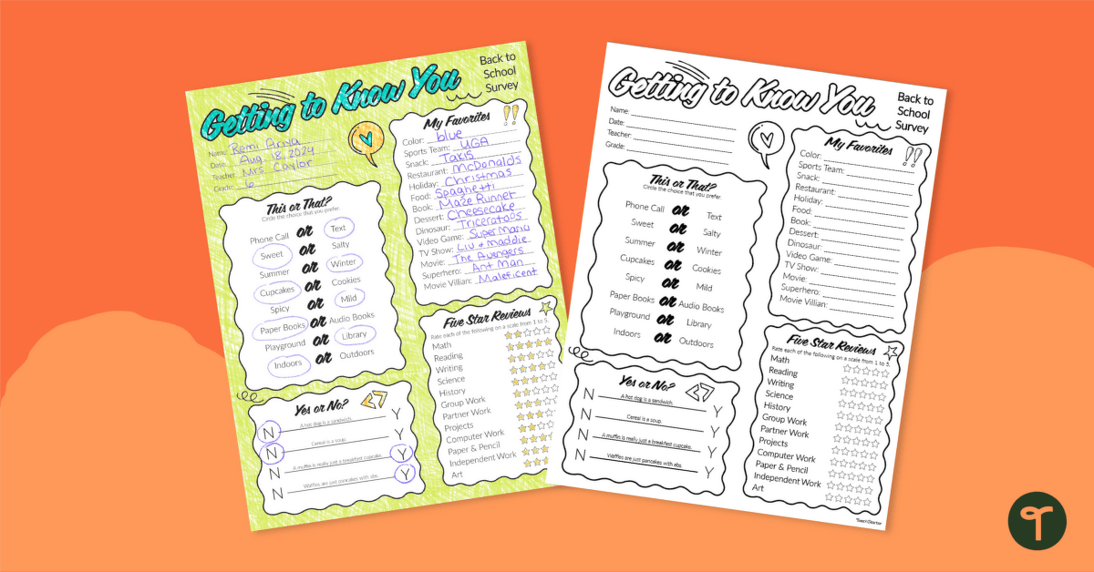 Getting to Know You Worksheet for Middle School teaching resource