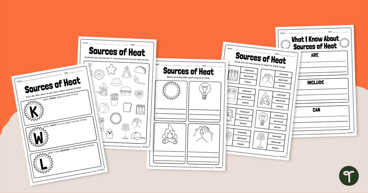 Sources of Heat Worksheet Pack teaching resource