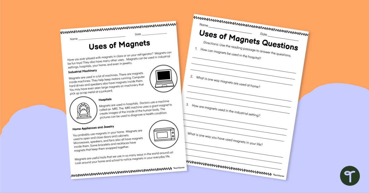Uses of Magnets Comprehension Worksheet teaching resource
