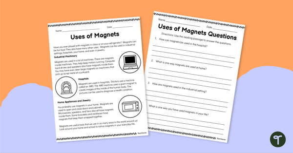 Go to Uses of Magnets Comprehension Worksheet teaching resource