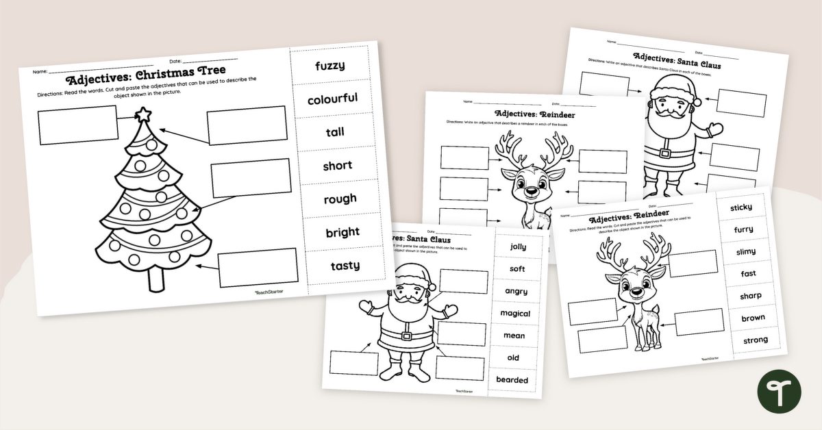 Holiday Adjective Worksheet Pack teaching resource