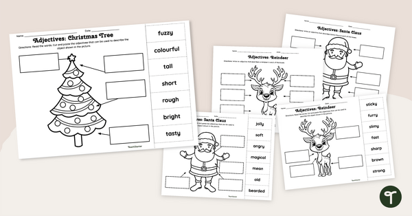 Go to Holiday Adjective Worksheet Pack teaching resource