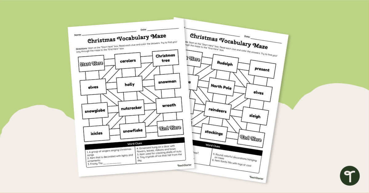 Christmas Maze Printables - Holiday Vocabulary teaching resource