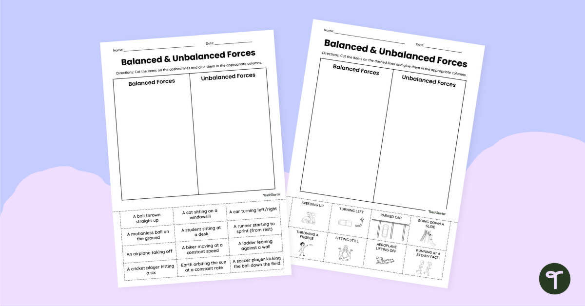Balanced and Unbalanced Forces Cut-and-Paste Worksheets teaching resource