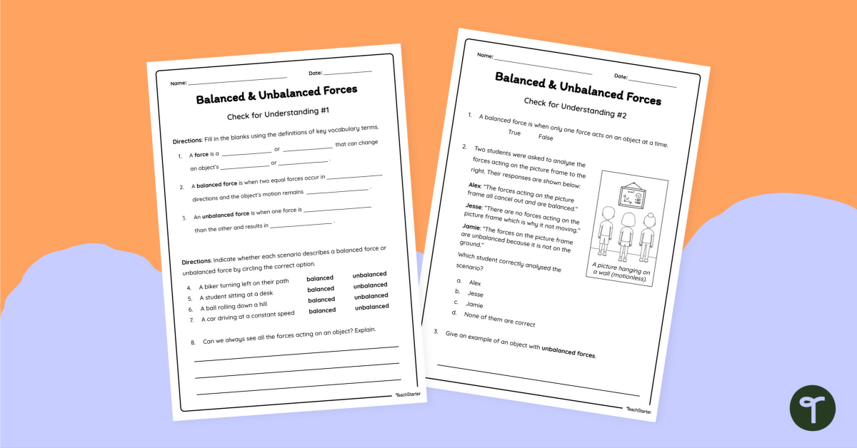 Balanced and Unbalanced Forces Worksheet teaching resource
