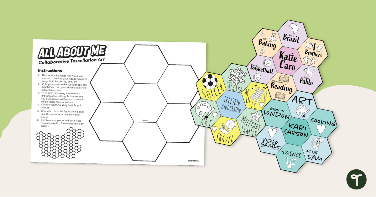 Get to Know Me Collaborative Tessellation Art Activity teaching resource