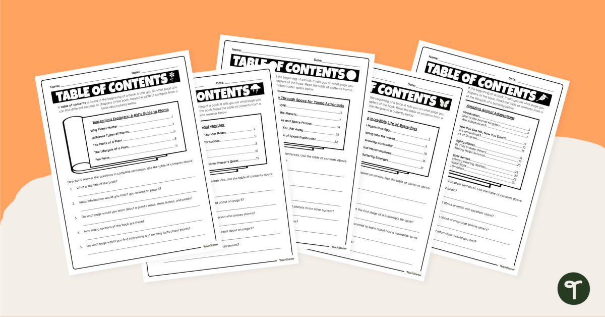 Using Tables of Contents Worksheets teaching resource