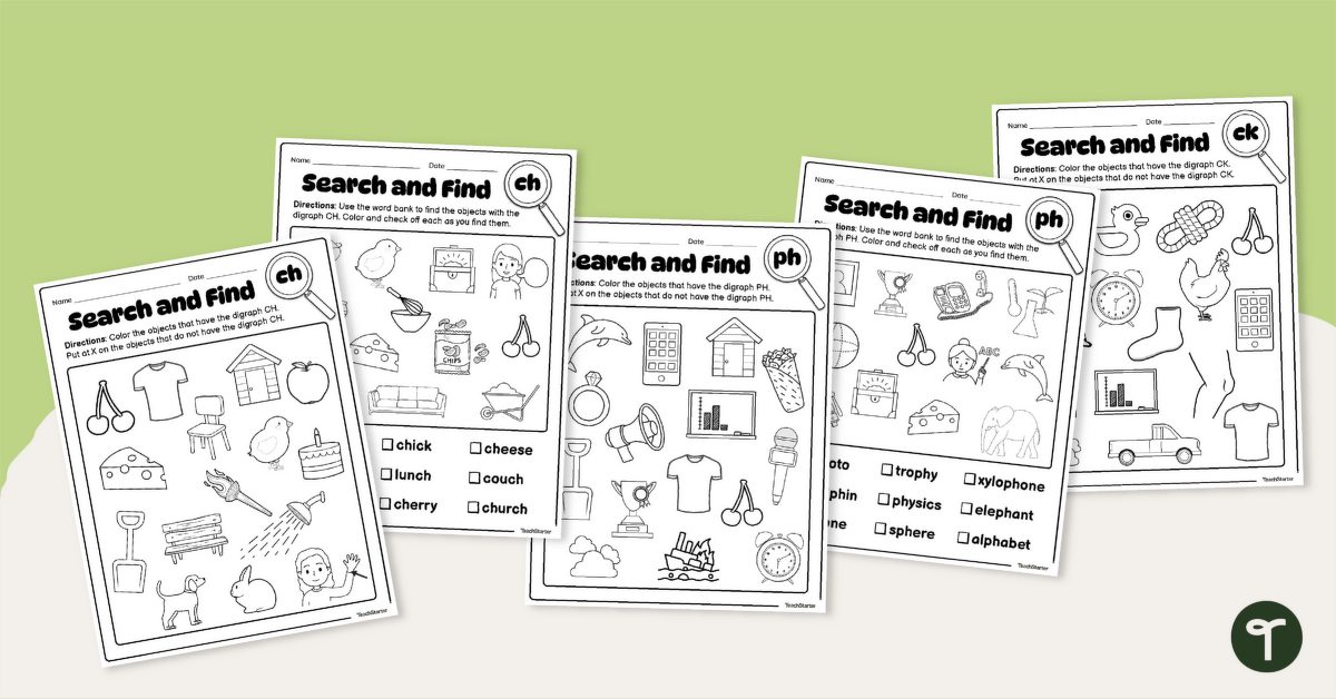 Digraph Search and Find Worksheet Pack teaching resource