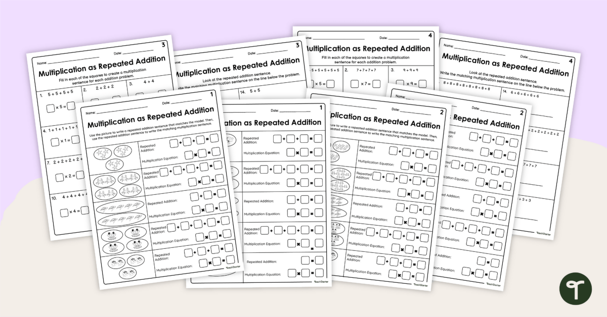 Multiplication as Repeated Addition Worksheet Pack teaching resource