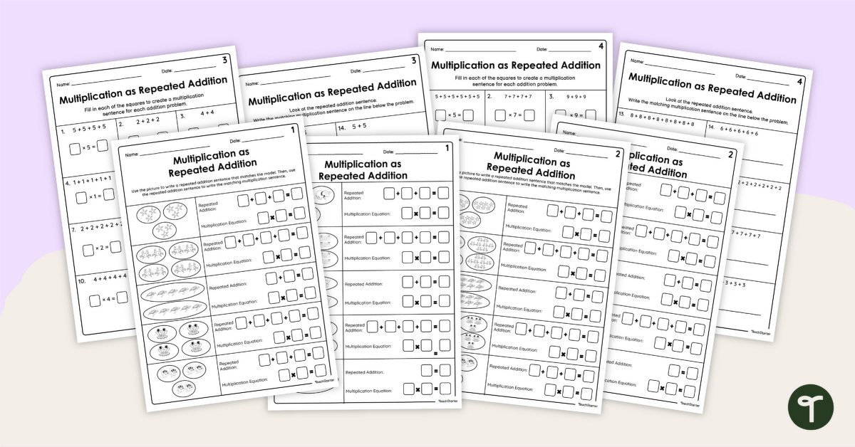 Multiplication as Repeated Addition Worksheet Pack teaching resource