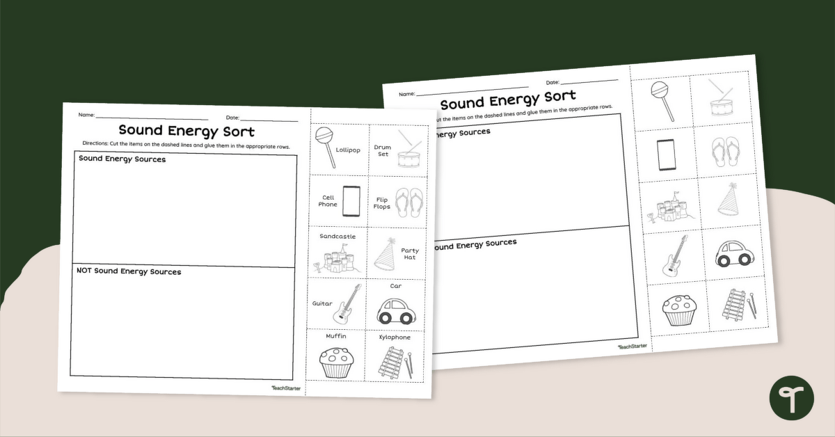 Sound Energy Sources Cut and Paste Worksheet teaching resource