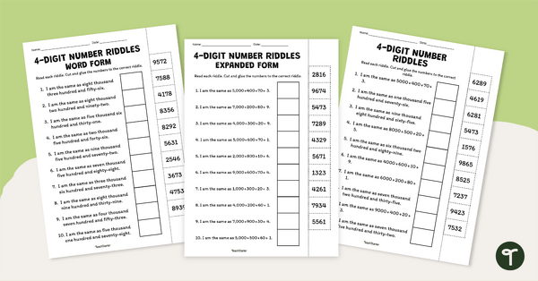 Go to 4-Digit Number Riddles Cut and Paste teaching resource