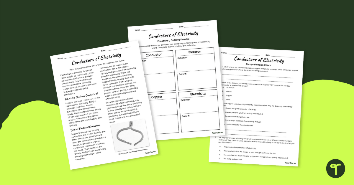 Conductors of Electricity Reading Comprehension Worksheet teaching resource