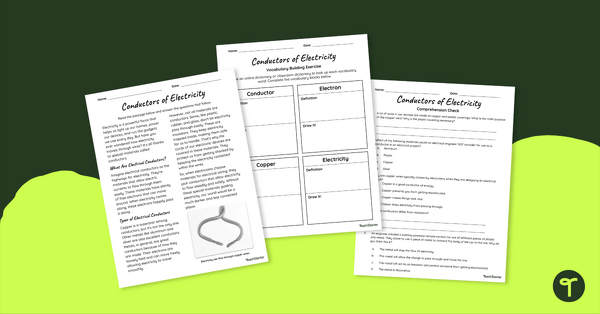 Go to Conductors of Electricity Reading Comprehension Worksheet teaching resource