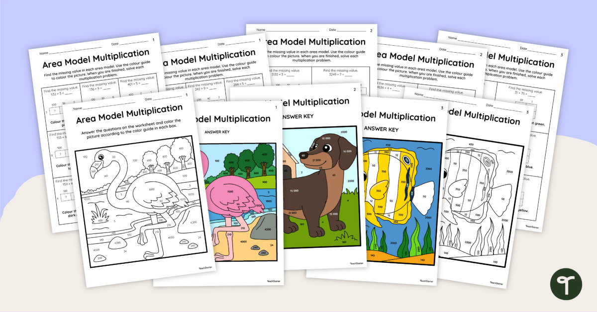 Area Model Multiplication – Colour by Number Worksheet Pack teaching resource
