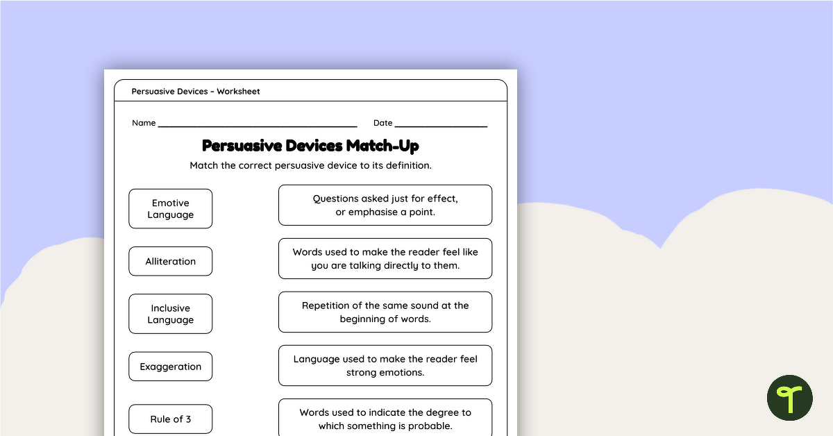 Persuasive Device Definitions – Match-Up Worksheet teaching resource