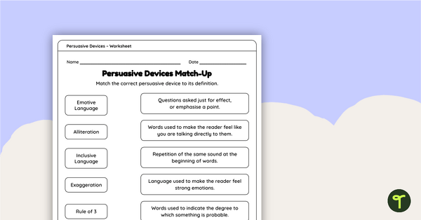 Image of Persuasive Device Definitions – Match-Up Worksheet