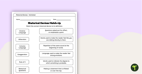 Image of Rhetorical Device Definitions – Match-Up Worksheet