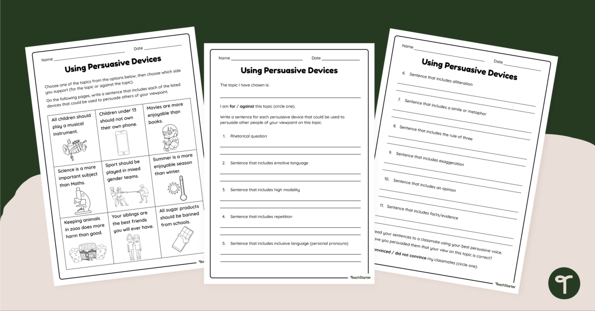 Using Persuasive Devices Worksheet teaching resource