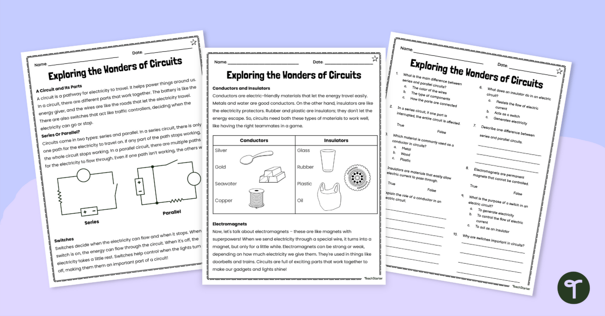 The Wonders of Circuits – Leveled Comprehension Worksheet Pack teaching resource
