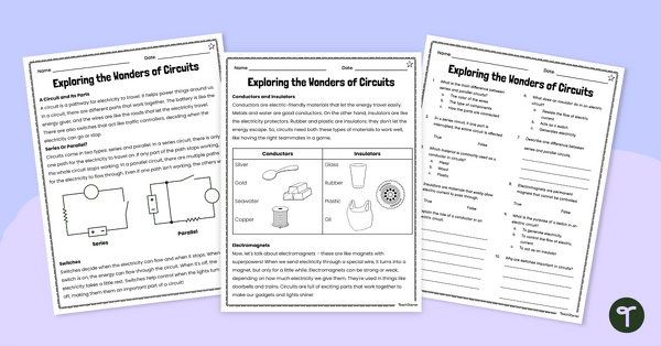 Go to The Wonders of Circuits – Leveled Comprehension Worksheet Pack teaching resource
