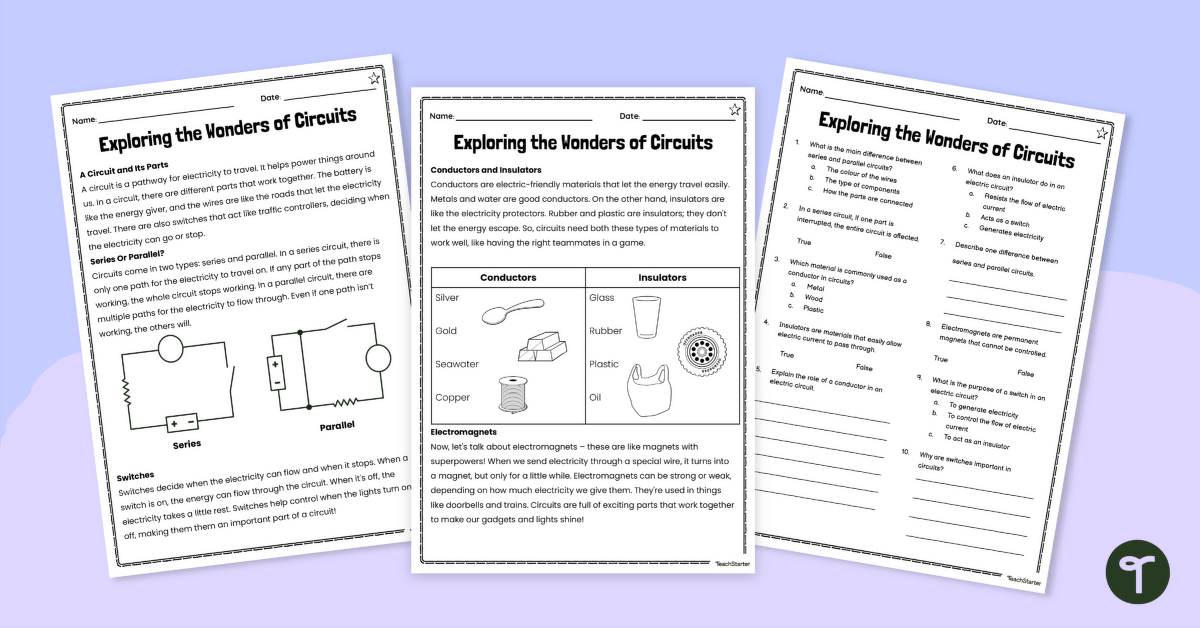 The Wonders of Circuits – Levelled Comprehension Worksheet Pack teaching resource