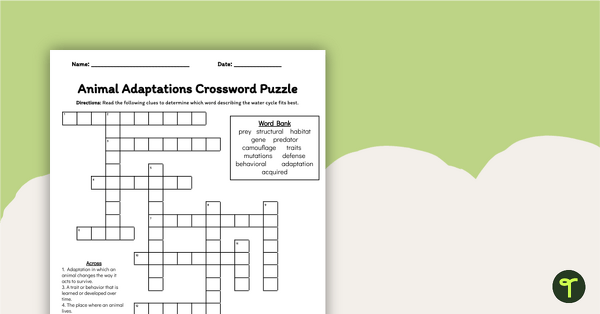 Go to Animal Adaptations Crossword Puzzle teaching resource